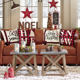 Sungeek Set of 4 Christmas Cushion Covers, Linen Decorative Cushion Covers, Santa Claus Cushion Cover, Decorative Cushion Cover for Sofa, Couch, Bedroom, Living Room (50 x 50 cm, Red Plaid)