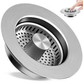 Sink Drain Strainer 3 in 1, 304 Stainless Steel Pop Up Kitchen Sink Stopper with Anti-Clogging Basket, Kitchen Essential Drain Anti-Clog Gadgets, Fits US Standard 3-1/2'' Sink Drain (SUS 304 Brushed)
