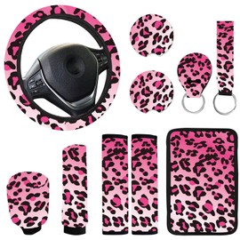 10 Pieces Leopard Print Printing Car Steering Wheel Cover Center Console Armrest Pad Headrest Seat Belt Cover Handbrake Cover Keychain Coaster Full Set Car SUV(Pink)
