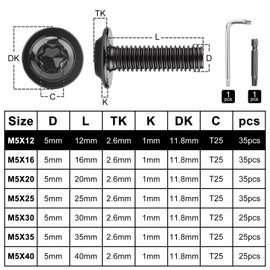 TXXATX Pack of 35 Flat Head Screws M5 x 12 mm Torx Black Rounded Head Screws with Flange ISO 7380-2 Flange Screw Stainless Steel A2 V2A Threaded Screws for Wood Scaffolding Table Legs Vehicle