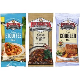 Louisiana Fish Fry Products 3 Flavor 6 Package Variety Bundle: (2) Lousiana Cajun Etouffee Base, (2) Louisiana Cajun Gumbo Base, and (2) Louisiana Fruit Cobbler Mix, 2.65-10.58 Oz. Ea. (6 Bags Total)
