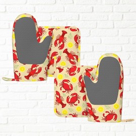 Fun Lobster Lemon Crab Oven Mitts and Pot Holders Sets, 4pcs Silicone Non-Slip Kitchen Mitts Potholders Heat Resistant BBQ Gloves Hot Pads for Cooking Grilling Baking Chef Gifts Decor