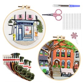 MEIYUETAOSI 2 Pack Embroidery Kit for Beginners, Embroidery Starter Kit with Pattern for Beginners, Adults Kids DIY Handmade for Decor Home Room (summer+Blue Tea Shop)