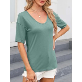 EasyGala Women's V Neck T Shirts Elbow Sleeve Tops Loose Fit Short Sleeve Shirts Summer Tops Cotton Tshirts Sleeping Lounge Clothes (Half Sleeve) A Light Green Medium