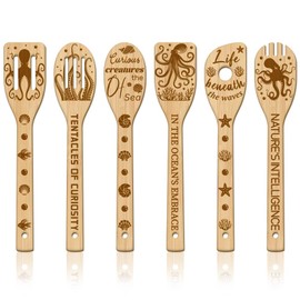 GLOBLELAND Set of 6 Wooden Spoons with Sea Octopus Bamboo Carving Cooking Utensils for the Kitchen Cooking Spatula Set Made of Wood with Engraving for the Kitchen Funny Housewarming Gift
