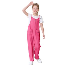 Rolanko Girls' Jumpsuit Kids Sleeveless Loose Overalls with Pockets Adjustable Spaghetti Straps Romper Dungarees, pink-red