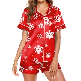 Ekouaer Satin Pajamas Women's Short Sleeve Sleepwear Soft Silk Button Down Loungewear Pjs Shorts Set Pink Christmas Snow,Medium