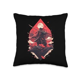 Ninja Japan Art Samurai Bushido Graphic Designs Japanese Red Moon Bushido Mask Katana Sword Samurai Warrior Throw Pillow, 16x16, Multicolor