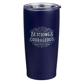 Christian Art Gifts Large Insulated Stainless Steel Travel Mug Tumbler for Men & Women: Strong & Courageous Uplifting Scripture, Double Wall Vacuum Sealed, Retractable Lid, Navy Blue & Silver, 18 oz.