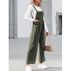 CUPSHE Women's Corduroy Dungarees Sleeveless Jumpsuit Wide Leg Long Playsuit Autumn Winter Loose Trouser Suit with Pockets, Green