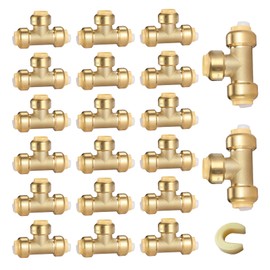 HeSun 20-Pack Pushfit Tee, 3/4"x3/4"x3/4" Push to Connect Plumbing Fittings with Disconnect Clip, Brass Push-fit Fittings for PEX, Copper, CPVC, PE-RT Pipes
