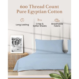 Olympic Queen Sheets Set, 100% Egyptian Cotton, Luxury 600 Thread Count, 4 Pc Super Queen Sheets Sets, Soft & Breathable, Snug Fit,16" Deep Pocket Fitted Sheet, 2 Pillowcases & 1 Flat Sheet,Light Blue