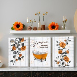 FuShvre Orange Bathroom Wall Art Burnt Orange Rose Pictures Bathtub Canvas Paintings for Bathroom Decor Framed 12"x16" each piece