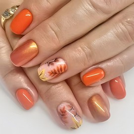 Short Square Press on Nails Fall Fake Nails with Maple Leaf Design Orange Thanksgiving Acrylic Nails Full Cover Artificial Stick on Nails (Autumn style 1)