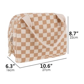 BUNCHBRAVO Checkered Lunch Bag for Women and Men, Insulated Corduroy Lunch Box with Handle and Pocket for Travel, Work, Picnics, Brown White Plaid