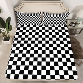 Geometric Checkerboard Patchwork Kids Fitted Sheet Full Size,Abstract Plaids Grids Chess Bedding Set,Girls Boys Room Decor,Modern Fashion Black White Bed Sheet,2 Pillowcases(No Flat)
