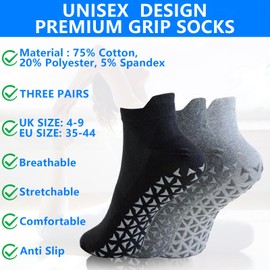 Yoga Socks for Women & Men, 3 Pairs Non Slip Pilates Socks Grip Socks, Slipper Socks for Barre, Fitness, Dance, Ballet, Hospital, Home, Size 4-9 (Black/Light Grey/Dark Grey)