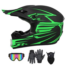 SanQing Youth Adult Motocross Dirt Bike Helmet DOT Approved ATV Motorcycle Full Face Helmet Kids Four-Wheeler Offroad Street MX Helmet with Gloves,Goggles,Face Shield 4-Piece Set (Green, Large)