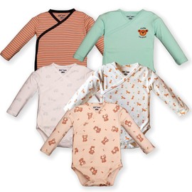 Baby 5-Piece Cotton Bodysuit, Long Sleeve, Pack of 5 (Style - Safari, 3-6 Months)
