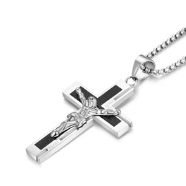 YL Men's Crucifix Necklace Stainless Steel Jesus Cross Pendant Black Christ Lord's Prayer Jewelry