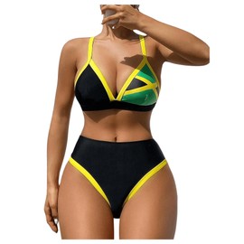 GORGLITTER Women's Triangle Jamaica Swimsuits Colorblock High Waisted Bikini High Cut Thong Bathing Suit Black Small