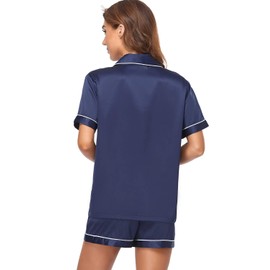 Serenedelicacy Women's Satin Pajama Set 2-Piece Sleepwear Loungewear Button Down Short Sleeve PJ Set, Navy Blue, Large