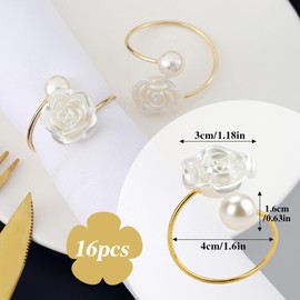 SITAKEGS Pearl Napkin Rings, 16PCS Rose Flower Napkin Buckles Napkin Rings Holders, Metal Serviette Buckles for Dinner Wedding Banquet Valentines Day Party Restaurant Kitchen Table Setting