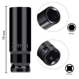Juttzzei Deep Impact Socket - 1/2 Inch Drive by 20mm, Heat-Treated CR-V Steel Socket with 78mm Length, 6-Point Metric Sizes for Car & Home Repair