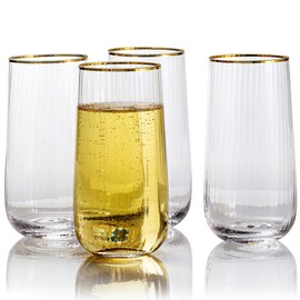 Lysenn Stemless Wine Glasses Set of 4 - Premium Hand Blown Drinking Glasses for Bubbly Wine & Champagne - Elegant Vertical Stripe and Gold Rim Champagne Flutes – Clear 17oz