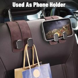 KOMPMP Car Seat Back Storage Hook - Car Hooks for Headrest, Car Seat Hooks Metal Hook, Suede Leather Double Hooks for Purses Bags Handbags Coats Umbrellas Mobile Phone Holder (Brown 2 Pack)