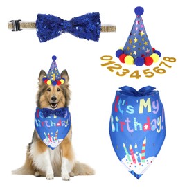 Pack of 4 Dog Birthday Hat Set, Dog Clothing & Accessories with Birthday Hat, Neckerchief Dog, 8 Glitter Numbers and Bow Tie, for Dogs, Cats, Pets Party (Blue)