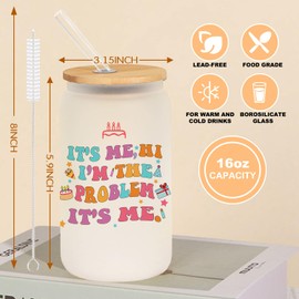 Pfkfo It's Me Hi I'm The Problem It's Me Can Glass Cup, Music Lover Gifts, Gifts for Singer Fans, 16oz Iced Coffee Glass Cups with Lid and Straw