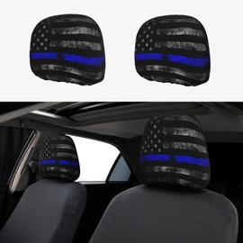 KOSUES Vintage Thin Blue Line American Flag Car Headrest Covers 2 Pack Car Seat Head Rest Cover Auto Elastic Seat Coverings Vehicle Interior Accessories Protector Universal Fit Most Cars Sedan SUV