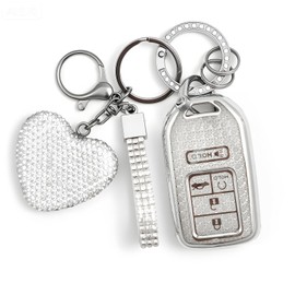 Nomiyo Key Fob Cover with Diamond Bling Keychain for Women, Car Key Holder Compatible with Honda 2016 2017 2018 2019 2020 2021 etc, TPU Key Case and Elegant Heart Key Chain (Silver, 1PCS)