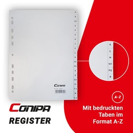 Conipa® - Set of 1 A-Z Index for DIN A4 Folders Alphabetical (Made in Germany) - Folder Index & Dividers Made of PP with Letters (Alphabet) - Divider Index for Files, Ring Binders & Staplers (Grey)