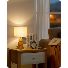 GOEBLESON Wood Table Lamp, Wood Bedside Lamp with Tree-Shaped Base & Linen Lampshade, Modern Cute Desk Lamp for Living Room, Bedroom, E26 Base, Bulb Not Included, Beige and Dark Natural LE08TL05