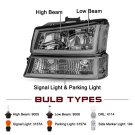 JSBOYAT Fit for 2003-2006 Chevy Silverado Headlight Assembly 4pcs w/LED DRL 03-06 Avalanche w/Bumper Lights OE Style Replacement Clear Reflector with Smoke Lens