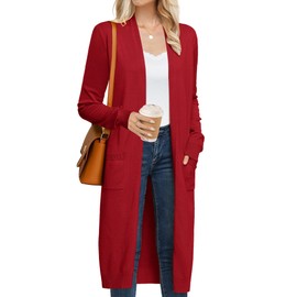 GRACE KARIN Long Sweaters for Women Basic Red Cardigan Sweater Christmas Sweater Coatigan(Deep Red,S)