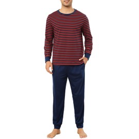 Sopesil Men's Long Pyjamas Set Pyjamas Contrast Stripes Cotton with Pockets Sleepwear Soft Cosy Lounge Wear for Men S-XXL, red