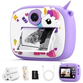 YOZISS Instant Camera Children with Music & Games, 1080P Children's Camera with Instant Print, 32G Card & 3 Printing Paper Rolls, Digital Camera Children's Toy Gifts for Boys & Girls from 3-12 Years