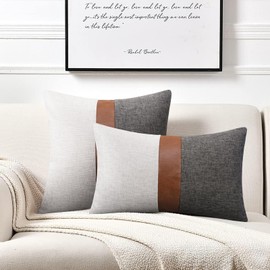 Merrycolor Gray and Brown Faux Leather and Linen Throw Pillow Covers 20X20 Inch Modern Farmhouse Accent Pillow Covers Leather Decorative Pillow Cover for Couch Sofa Bed