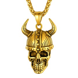 Gold Loki Horn Necklace for Men Women, Odin Awe Helmet Horn Pendant Boys Vintage Punk Viking Jewelry Skeleton Accessories