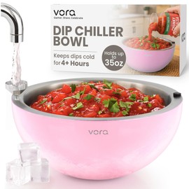 Vora 35oz Stainless Steel Chilled Serving Bowl - 1 Pack Insulated Serving Bowl with Anti Slip Base, Funnel & Plugs to Keep Dips, Salads & Appetizers Cold - Ice Bowls to Keep Food Cold for Parties