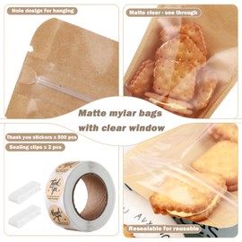 200-pack Kraft Mylar Bags with Clear Window 6" x 9" Resealable Foil Pouches for Food Storage Smell Proof Edible Packaging Zip Bag for Cookies Jewelry Small Business Shipping Bags