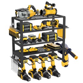 jsyonii Power Tool Organizer,4 Drill Holder Wall Mount,5 Layers Garage Tool Organizers and Storage Rack,Metal Heavy Duty Tool Shelf with Removable Screwdriver/Pliers/Hammer/Wrench Holder Black