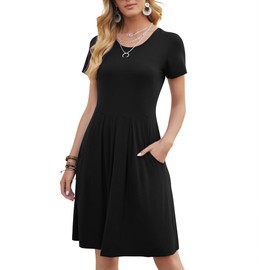 DouBCQ Women's Casual Short Sleeve Flowy Pleated Loose Dresses with Pockets (0-Black, L)