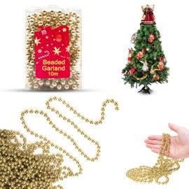 Christmas Bead Chain 10M, Luxury Plastic Garland, Xmas Tree Hanging Ornaments, Party Decoration (Champagne Gold)