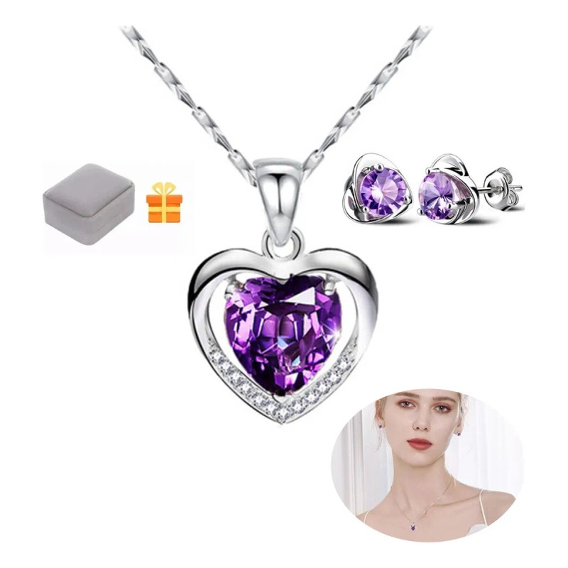 Collar Dije Corazón 925plata Cristal Mujer Arete Caja Kit