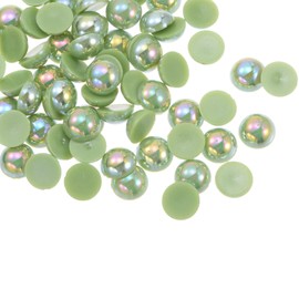 HARFINGTON 180pcs ABS Half Pearl Beads, 10mm Resin Flat Back Pearls Shiny Imitation Pearl Bead for DIY Crafts Making Shoes Wedding Christmas Photo Frames, Colorful Grass Green
