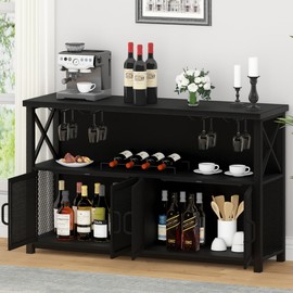 LVB Black Coffee Bar Cabinet, Modern Liquor Cabinet for Liquor and Glasses, Kitchen Sideboard Buffet Cabinet with Wine Rack Storage, Farmhouse Wine Cabinet for Home Living Dining Room, Black Oak 47 In